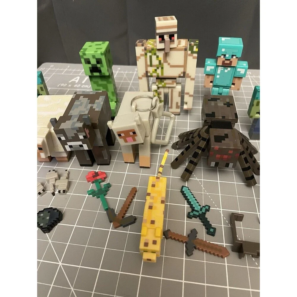 Minecraft Figures Lot Of 38 Animals Blocks Bed Weapons Jazwares Mojang